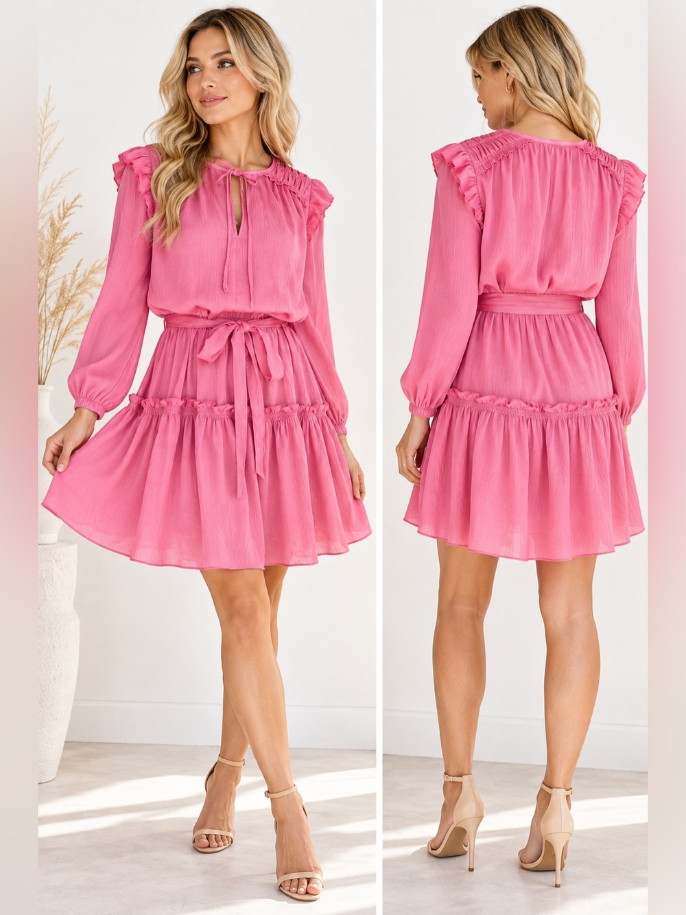 Current Air Anthropologie Pink Ruffle Tiered Mini Dress Large